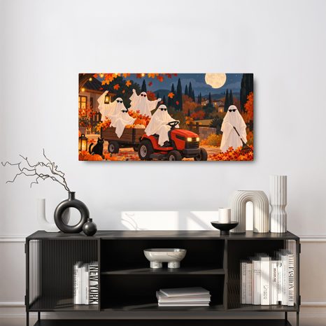 QUADRO SU TELA – FANTASMI AUTUNNALI CON ZUCCHE - QUADRI HALLOWEEN E HORROR - STAMPE E QUADRI