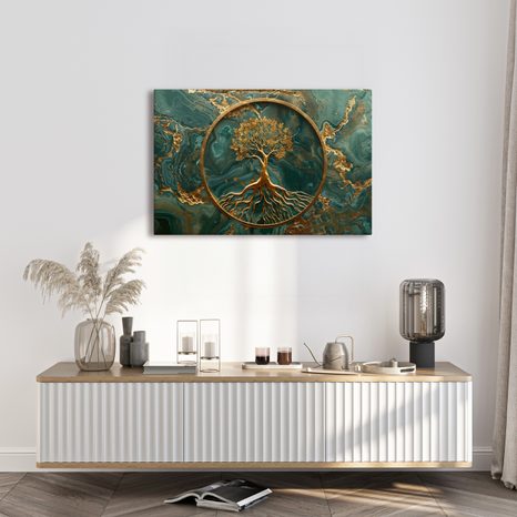 SLIKA ZLATNO STABLO ŽIVOTA NA SMARAGDNOJ POZADINI - SLIKE STABLA ŽIVOTA - SLIKE