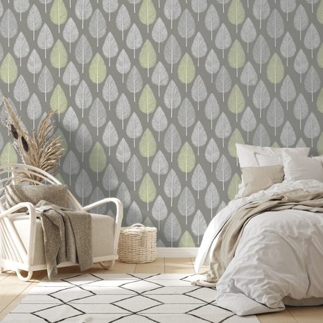 SAMOLEPÍCÍ TAPETA ŠEDÉ A ZELENÉ LISTY NA ŠEDÉM POZADÍ - VZOROVANÉ TAPETY - TAPETY