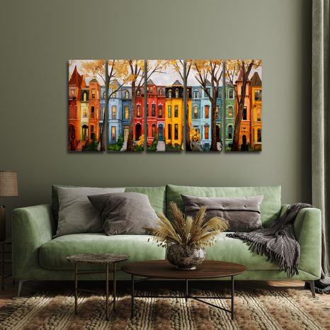 5-DÍLNÝ OBRAZ PODZIMNÍ MĚSTSKÁ ULICE - BAREVNÉ DOMY - PICTURES