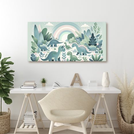 SLIKA DINOZAVRSKA POKRAJINA POD PASTELNO MAVRICO - OTROŠKE SLIKE ŽIVALI - SLIKE