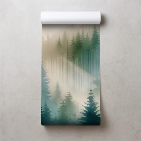 TAPETE NEBLIGER WALD IN AQUARELL - TAPETEN WALD - TAPETEN