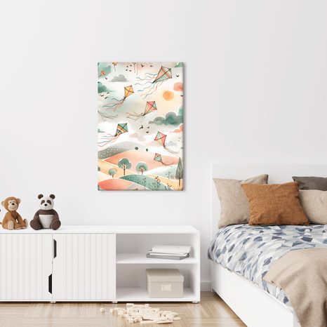 OBRAZ PASTELOVÁ KRAJINA S DRAKY NA OBLOZE - DĚTSKÉ OBRAZY - OBRAZY