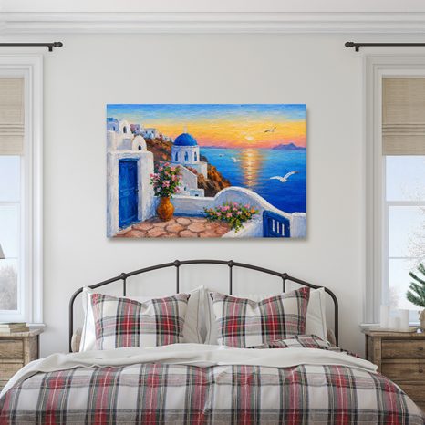TABLEAU SUR TOILE – CÔTE GRECQUE AU COUCHER DU SOLEIL - TABLEAUX LEVER ET COUCHER DE SOLEIL - TABLEAUX