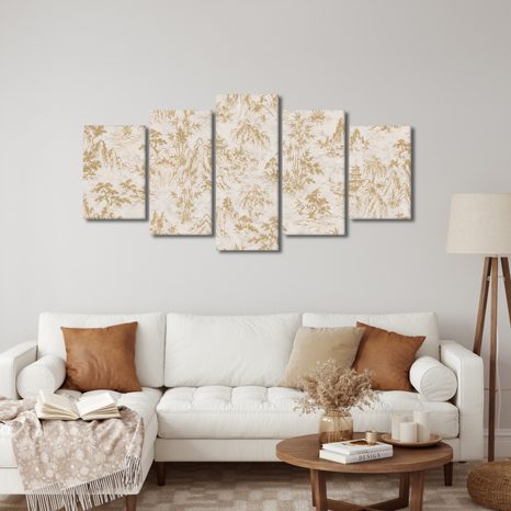 5-TEILIGES WANDBILD GOLDENE ORIENTALISCHE LANDSCHAFT - BILDER MIT FENG SHUI-MOTIVEN - BILDER