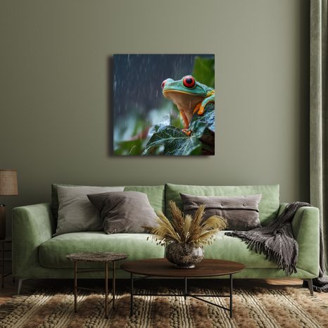 WANDBILD REGENTROPFEN AUF EINEM FROSCHBLATT - BILDER TIERE - BILDER