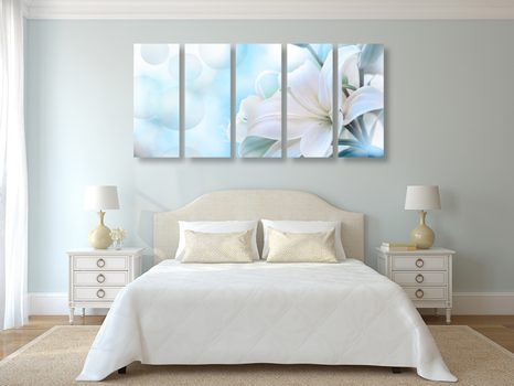 5-TEILIGES WANDBILD WEISSE BLÜTE DER LILIE AUF ABSTRAKTEM HINTERGRUND - BILDER BLUMEN - BILDER