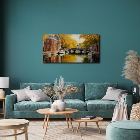 OBRAZ KLIDNÁ PODZIMNÍ ŘEKA S LODĚMI - BAREVNÉ DOMY - OBRAZY