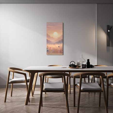 WANDBILD BERGE, BLUMEN UND UNTERGEHENDE SONNE - BILDER VON SONNENAUFGANG UND SONNENUNTERGANG - BILDER