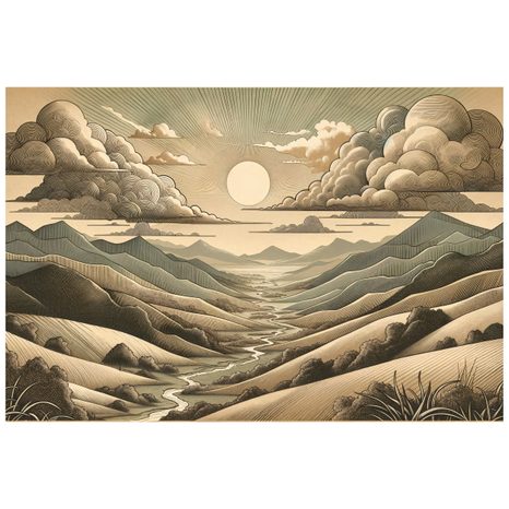 TAPETA VINTAGE KRAJINA S HORAMI A SLUNCEM - TAPETY HORY - TAPETY