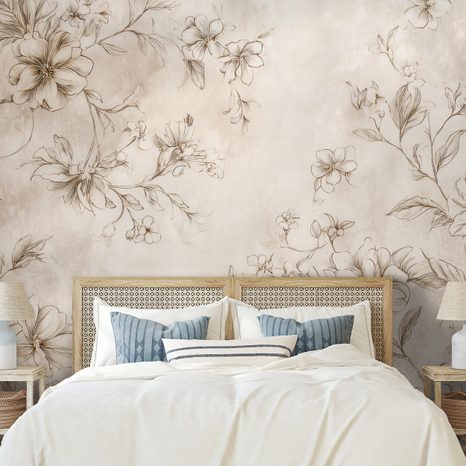 PAPIER PEINT AUTOCOLLANT – DESSINS FLORAUX VINTAGE EN BEIGE - PAPIERS PEINTS FLEURS - PAPIERS PEINTS PANORAMIQUES