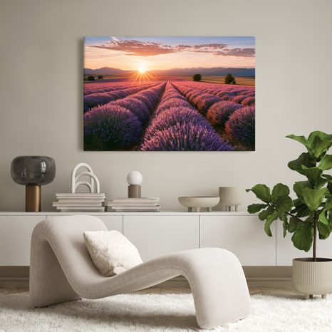 TABLEAU SUR TOILE – SOLEIL AU-DESSUS D’UN CHAMP DE LAVANDE - TABLEAUX DE CHAMPS ET PRAIRIES - TABLEAUX