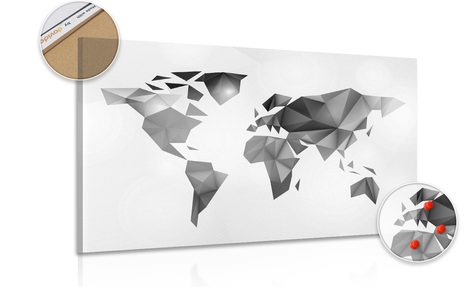 PICTURE ON CORK WORLD MAP IN ORIGAMI STYLE IN BLACK & WHITE DESIGN