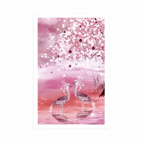 POSTER REIHER UNTER EINEM BEZAUBERNDEN BAUM IN ROSA - TIERE - POSTER