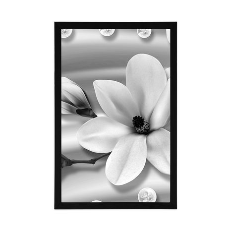 PLAKÁT LUXUSNÍ MAGNOLIE S PERLAMI V ČERNOBÍLÉM PROVEDENÍ - ČERNOBÍLÉ - PLAKÁTY