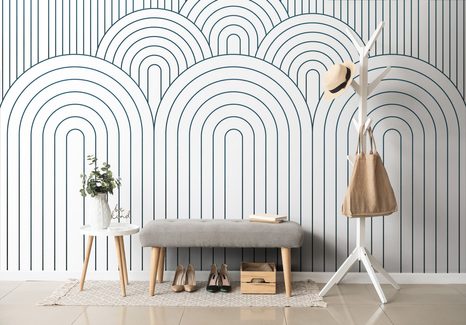 TAPET MODEL DE CURCUBEU ALB-ALBASTRU MID-CENTURY - TAPET CU MODEL - TAPETURI