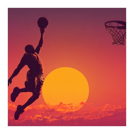 WANDBILD SLAM DUNK BEI SONNENUNTERGANG - BILDER VON MENSCHEN - BILDER