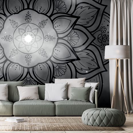 TAPETE SCHWARZ-WEISSES MANDALA MIT DEM HINTERGRUND DER GALAXIE - TAPETEN MIT FENG SHUI-MOTIVEN - TAPETEN