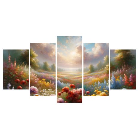 5-TEILIGES WANDBILD BLÜHENDE WIESE IN LANDSCHAFT - WANDBILDER FELDER UND WIESEN - BILDER