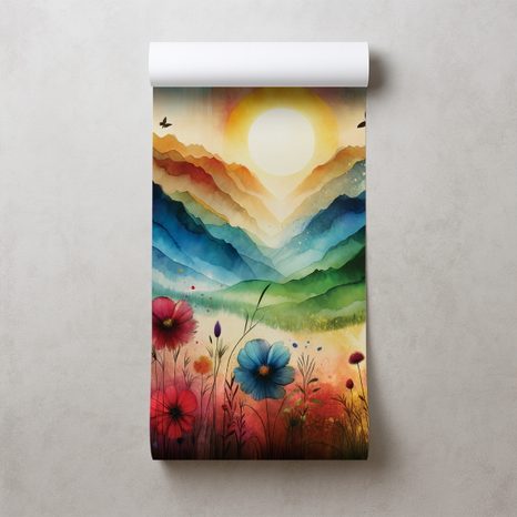 TAPETA BAREVNÁ HORSKÁ KRAJINA S KVĚTINAMI - TAPETY HORY - TAPETY