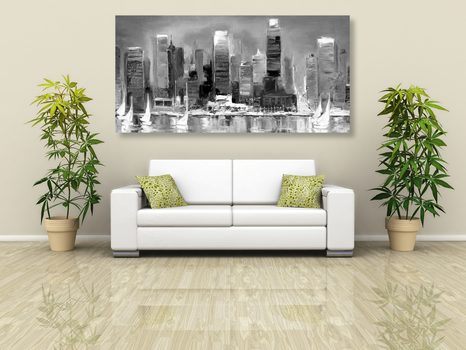 OBRAZ NADMORSKIE MIASTO W WERSJI CZARNO-BIAŁEJ - OBRAZY CZARNO-BIAŁE - OBRAZY