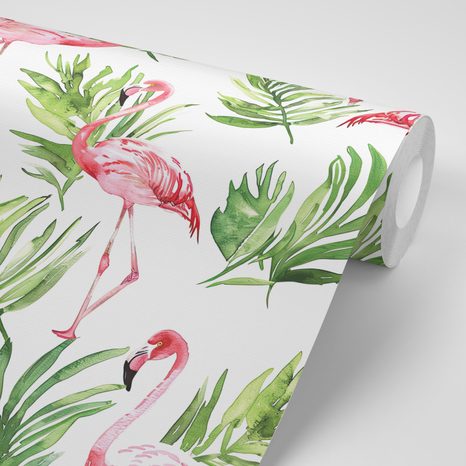 TAPETE AQUARELL-FLAMINGO MIT BLÄTTERN - TAPETEN VÖGEL - TAPETEN