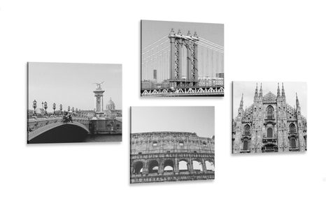 CANVAS PRINT SET CITIES IN BLACK AND WHITE - SET OF PICTURES - PICTURES