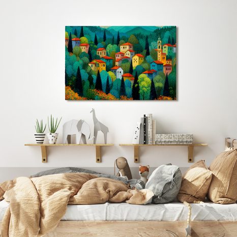 OBRAZ VESNICE V LETNÍM LESE - BAREVNÉ DOMY - OBRAZY
