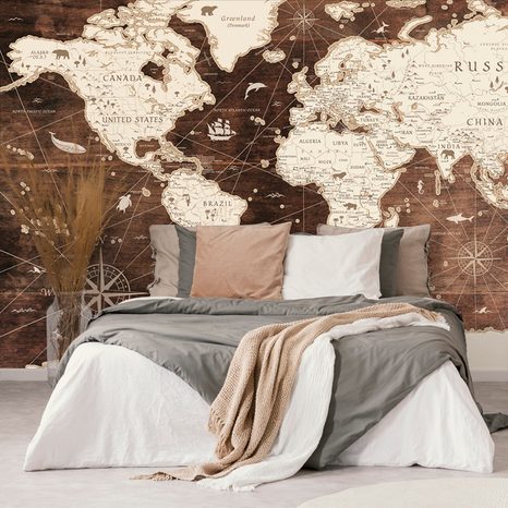 SELF ADHESIVE WALLPAPER MAP ON A WOODEN BACKGROUND - SELF-ADHESIVE WALLPAPERS - WALLPAPERS