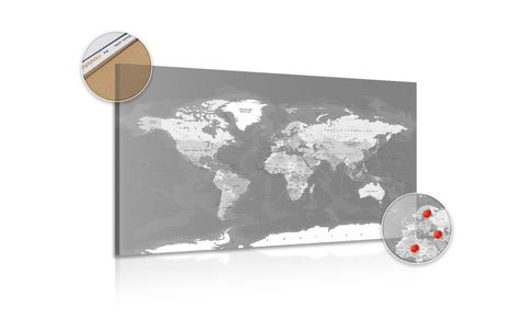 WANDBILD AUF KORK STILVOLLE VINTAGE-WELTKARTE IN SCHWARZ-WEISS - WANDBILDER AUF KORK - BILDER