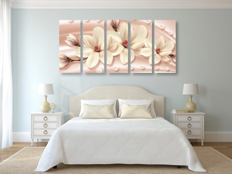 QUADRI 5 PEZZI – MAGNOLIA DI LUSSO CON PERLE - QUADRI DI FIORI - STAMPE E QUADRI