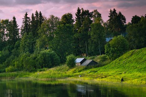 WANDBILD MÄRCHENHAFTE HÄUSER AM FLUSS - BILDER VON NATUR UND LANDSCHAFT - BILDER