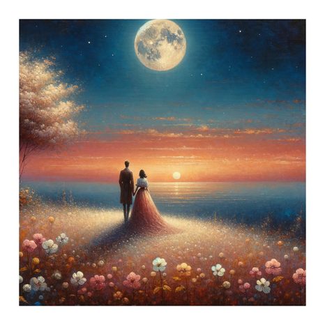 WANDBILD ROMANTISCHER SPAZIERGANG ZWISCHEN BLUMEN - BILDER MIT LIEBESMOTIVEN - BILDER