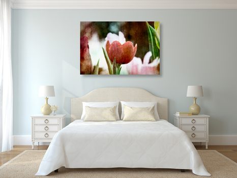 WANDBILD WIESE MIT TULPEN IM RETRO-STIL - BILDER BLUMEN - BILDER