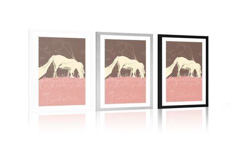 POSTER MIT PASSEPARTOUT PFERD AUF ROSA WIESE - MOTIVE AUS UNSERER WERKSTATT - POSTER
