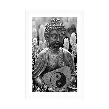 PLAKÁT S PAPSARTOU JIN A JANG BUDDHA V ČERNOBÍLÉM PROVEDENÍ - FENG SHUI - PLAKÁTY