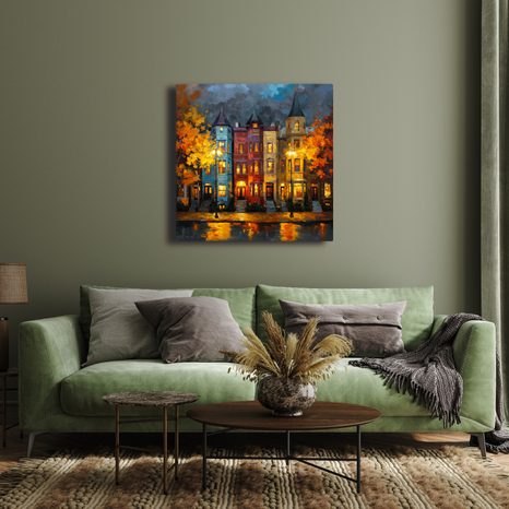 WANDBILD HERBSTLICH BELEUCHTETE STADT - BUNTE HÄUSER - BILDER