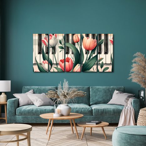 5-DÍLNÝ OBRAZ KLAVÍR A TULIPÁNY V KVĚTINOVÉ SYMFONII - OBRAZY KVĚTŮ - OBRAZY