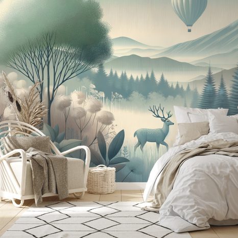 TAPETE WALDLANDSCHAFT MIT HIRSCH UND BALLON - TAPETEN HIRSCHE - TAPETEN