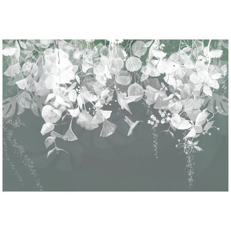 CARTA DA PARATI – FOGLIE VERDE-GRIGIO CON COLIBRÌ - CARTA DA PARATI LETTERE - CARTA DA PARATI