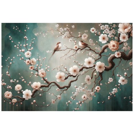 TAPETA JEMNÉ KVĚTY A PTÁČCI NA VĚTVÍCH - TAPETY KVĚTINY - TAPETY