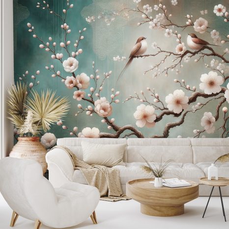 TAPETE ZARTE BLUMEN UND VÖGEL AUF ZWEIGEN - TAPETEN - 🔥 TOTALAUSVERKAUF