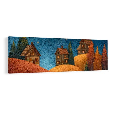 OBRAZ HVĚZDNÁ ZIMNÍ KRAJINA - BAREVNÉ DOMY - OBRAZY