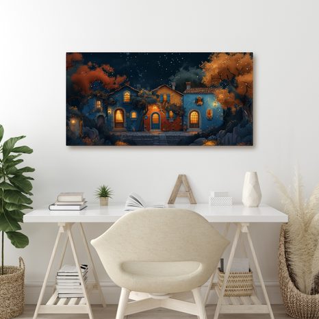 WANDBILD ZAUBERHAFTE WINTERNACHT IN DEN STRASSEN - BUNTE HÄUSER - BILDER