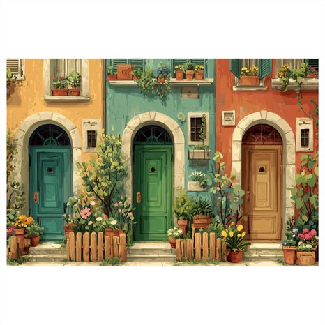 OBRAZ MALEBNÁ ULIČKA S KVĚTINAMI - BAREVNÉ DOMY - OBRAZY