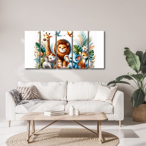 5-DÍLNÝ OBRAZ ZVÍŘECÍ PŘÁTELÉ V DŽUNGLI - DĚTSKÉ OBRAZY ZVÍŘÁTKA - OBRAZY