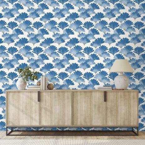 TAPETA MODRÉ AKVARELOVÉ LISTY - VZOROVANÉ TAPETY - TAPETY