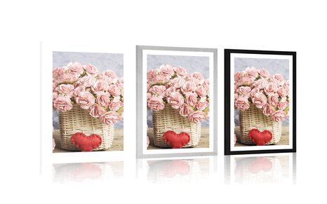 PLAGÁT S PASPARTOU KYTIČKA RUŽOVÝCH KARAFIÁTOV V KOŠÍKU - VÁZY - PLAGÁTY