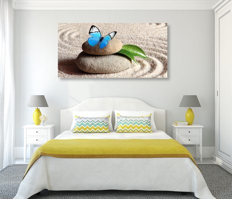 OBRAZ MODRÝ MOTÝL NA ZEN KAMENI - OBRAZY FENG SHUI - OBRAZY