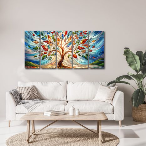TABLOU 5-PIESE CU ARBORELE VIEȚII ÎN VITRALII COLORATE - TABLOURI ARBORII VIEȚII - TABLOURI